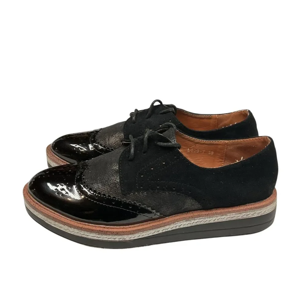 CINK-ME Patent Leather Oxford Platform Wingtip Brogue Shoes Black Texture Size 7